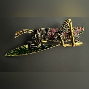 Gold Toned grasshopper with Green Enamel and Pink/Black Rhinestones Brooch
